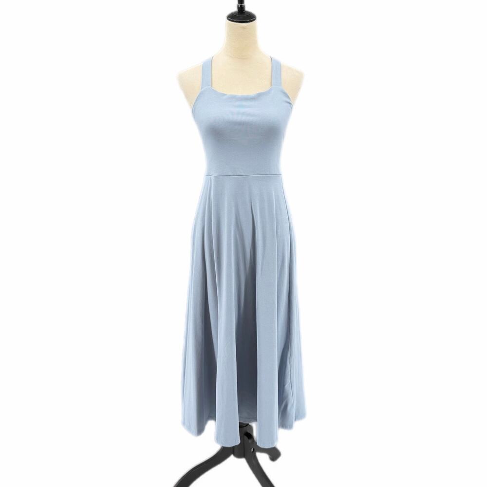 Bohme Light Blue Cross Back Tie Sleeveless Cotton Jersey Fit & Flare Midi Dress